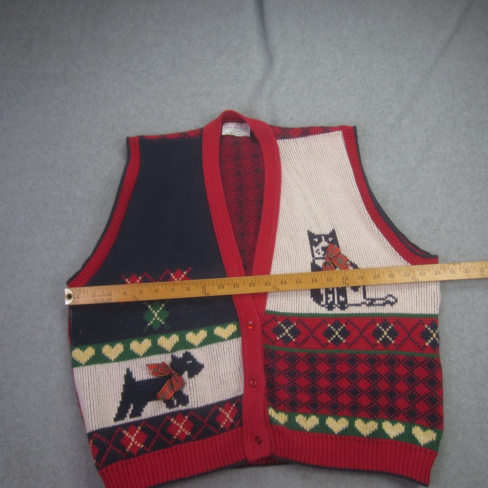 Sweater Loft Vest Women 1X Red Multi Ugly Christmas Sweater Dog Cat Fair Isle - Picture 10 of 12